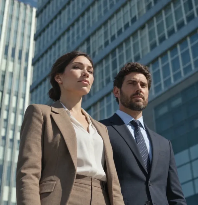 Deux professionnels devant un immeuble de bureaux — illustration de l’accompagnement StartHub