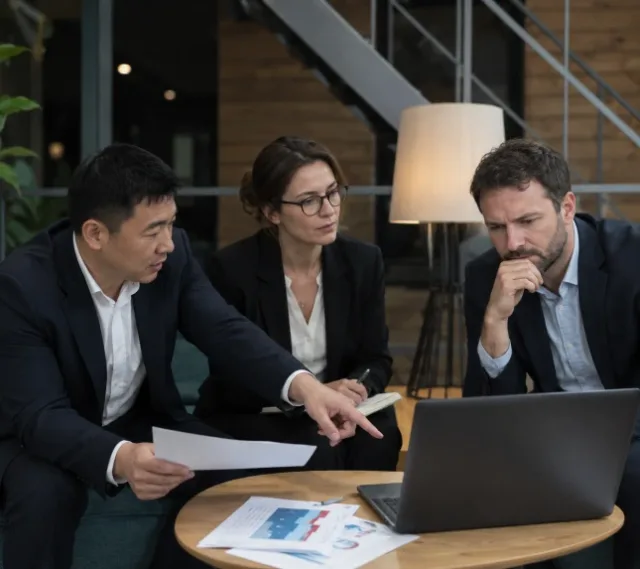 Réunion de travail autour de documents et d’un ordinateur